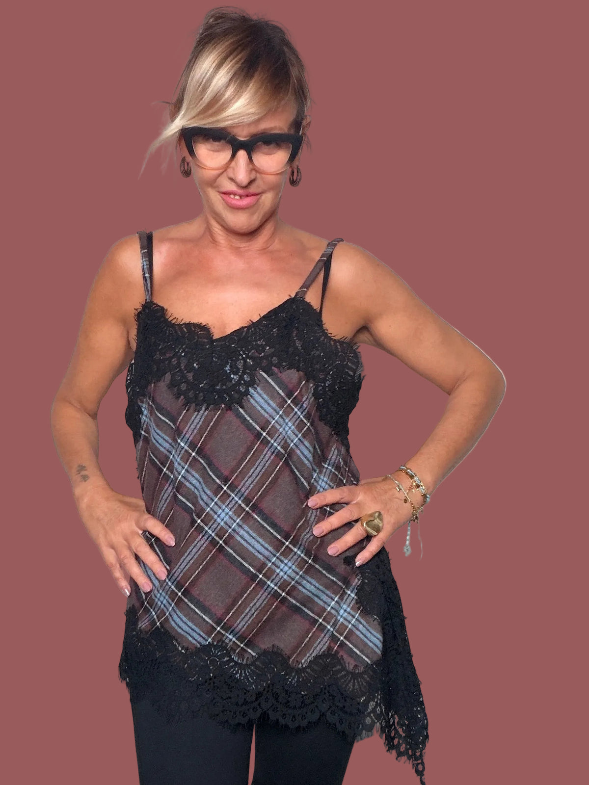 Top a Bretelle Tartan con Bordi in Pizzo