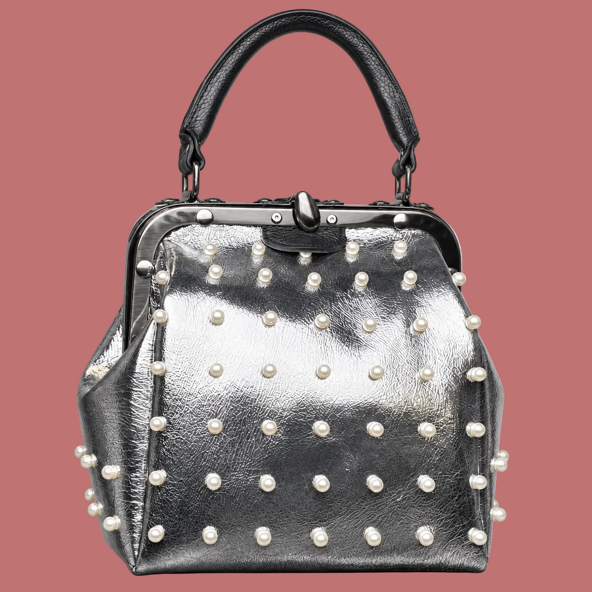 Borsa Mini Rock argento con decorazioni effetto perla e manico nero