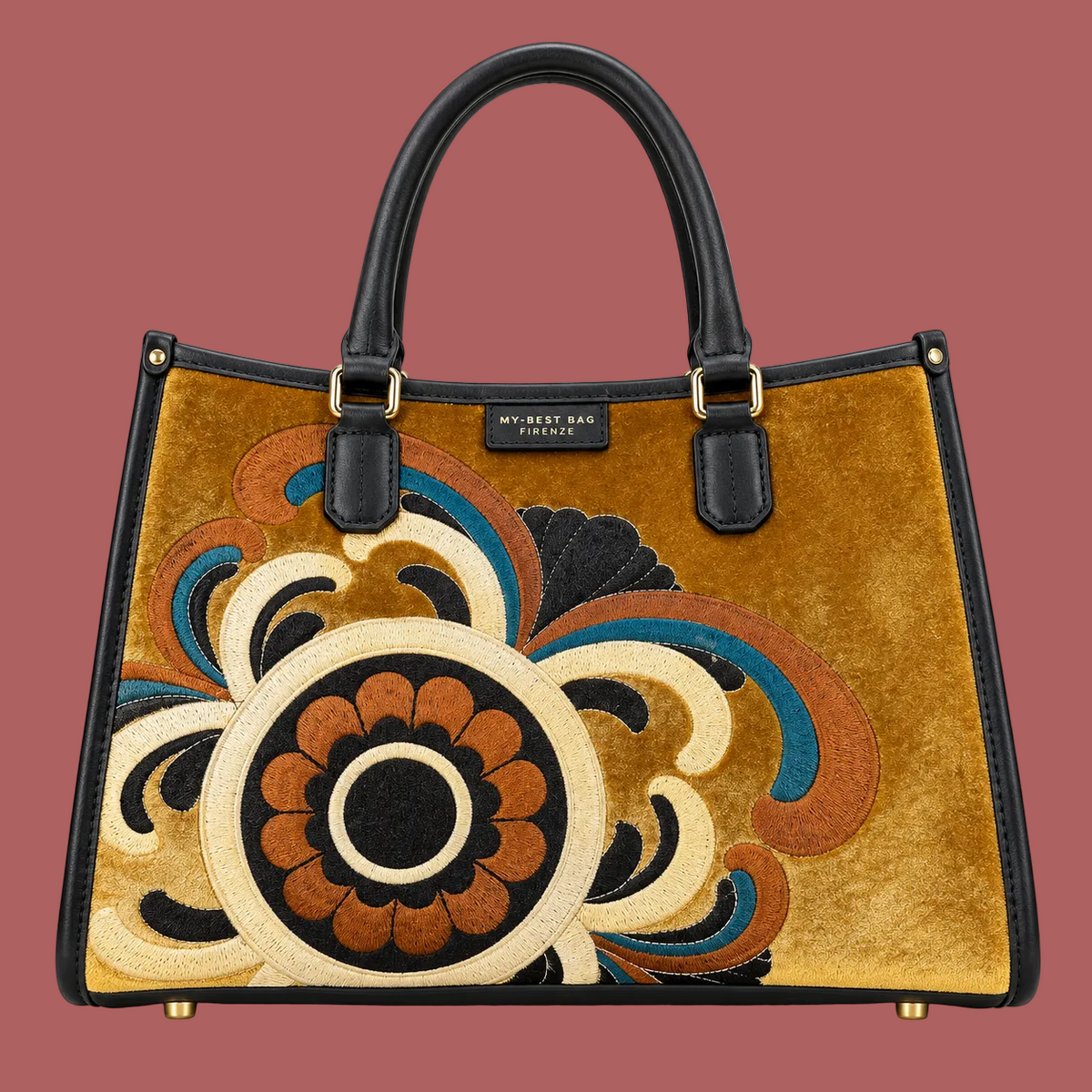 Borsa tote ocra, fronte con ricamo floreale crema, terracotta, petrolio e nero