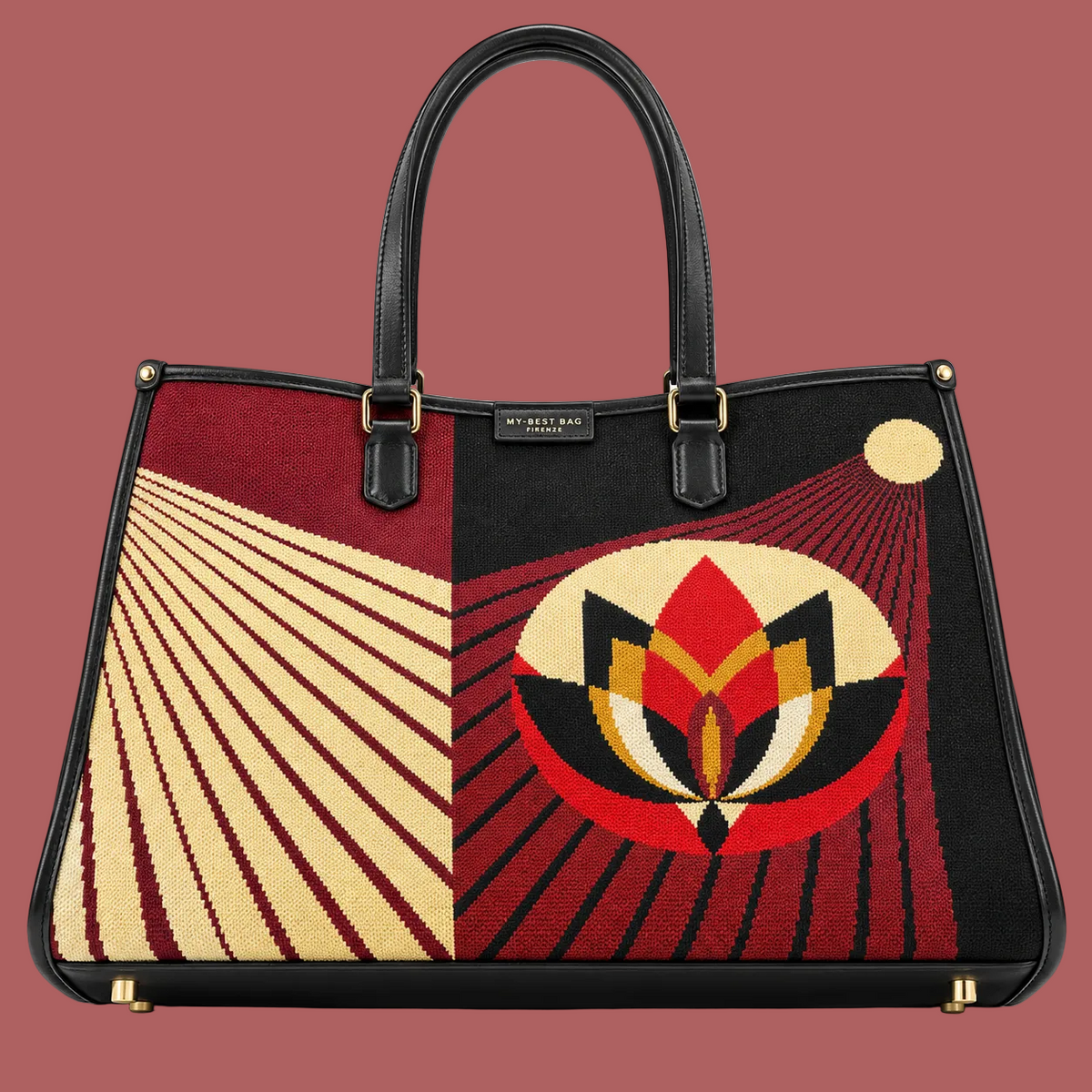 Borsa tote nera, fronte con fantasia geometrica a raggi e fiore stilizzato multicolore