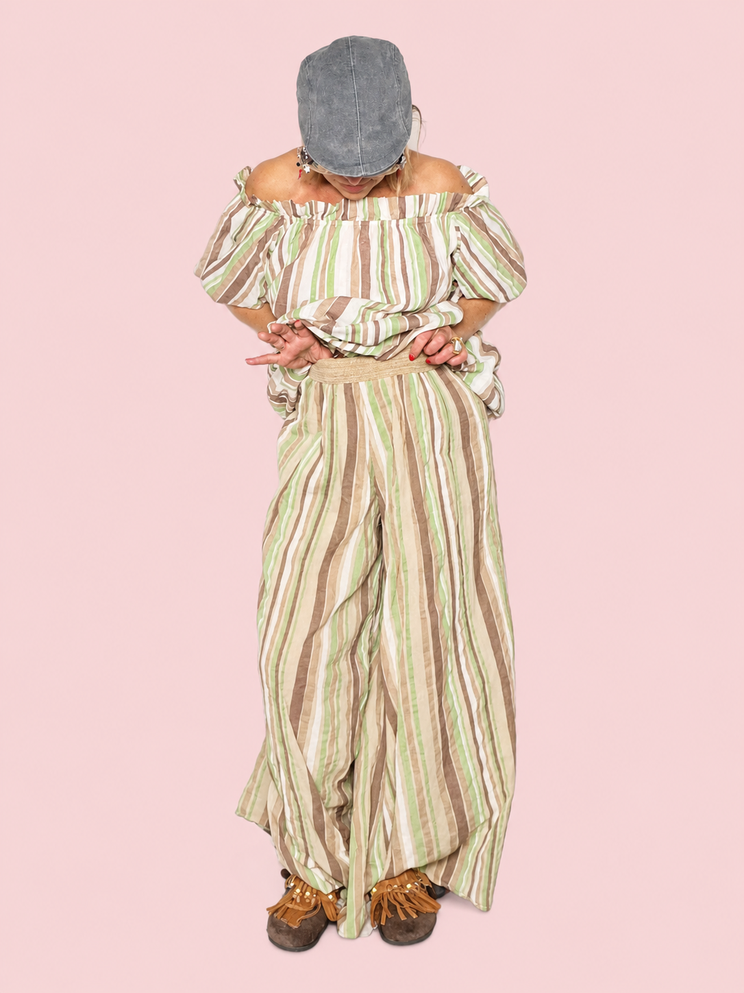 Pantalone Palazzo Maxi a Righe con Fascia in Rafia in Cotone Crinkle