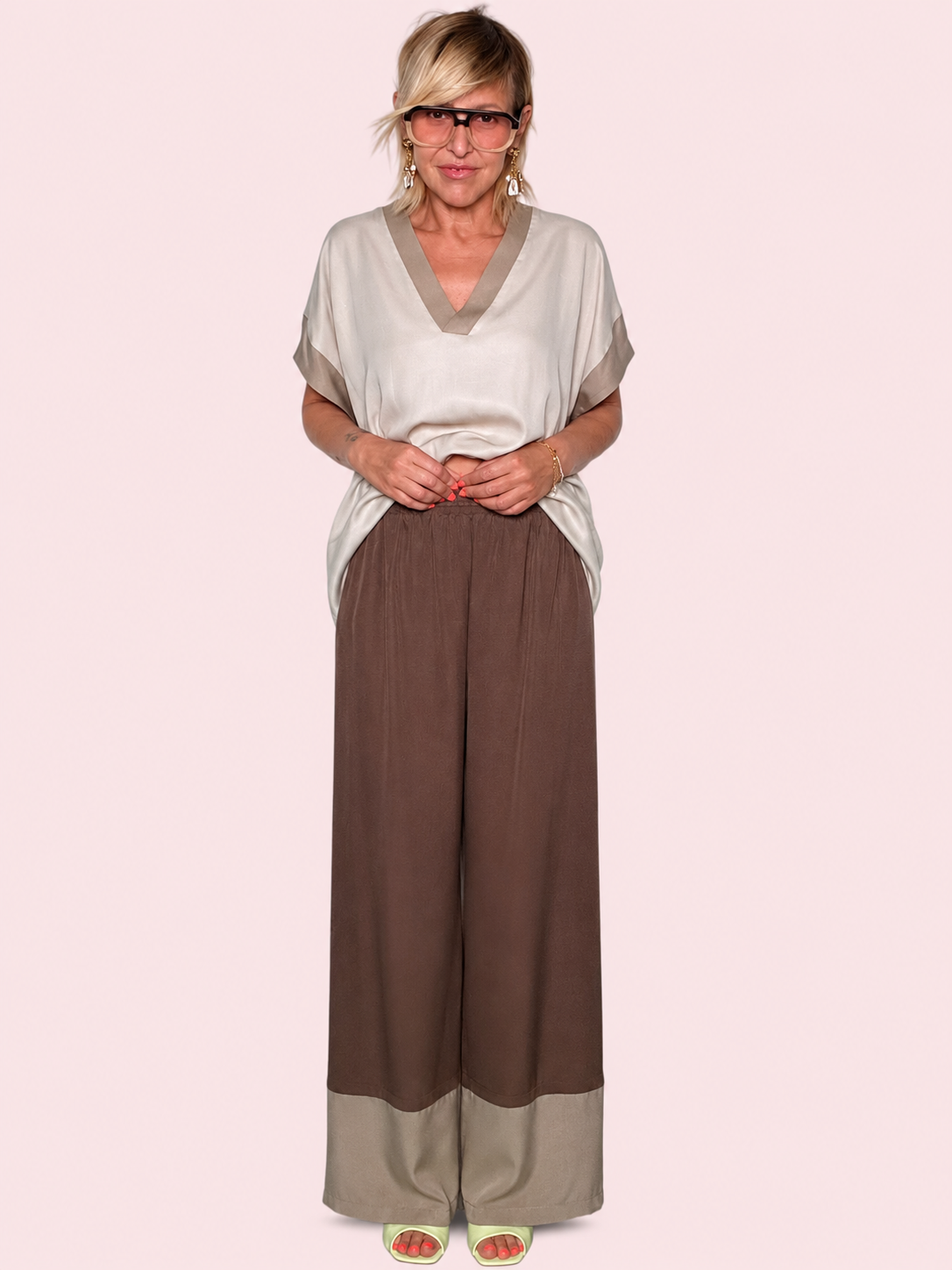 Pantalone Palazzo Wide Leg Bicolor con Fascia a Contrasto