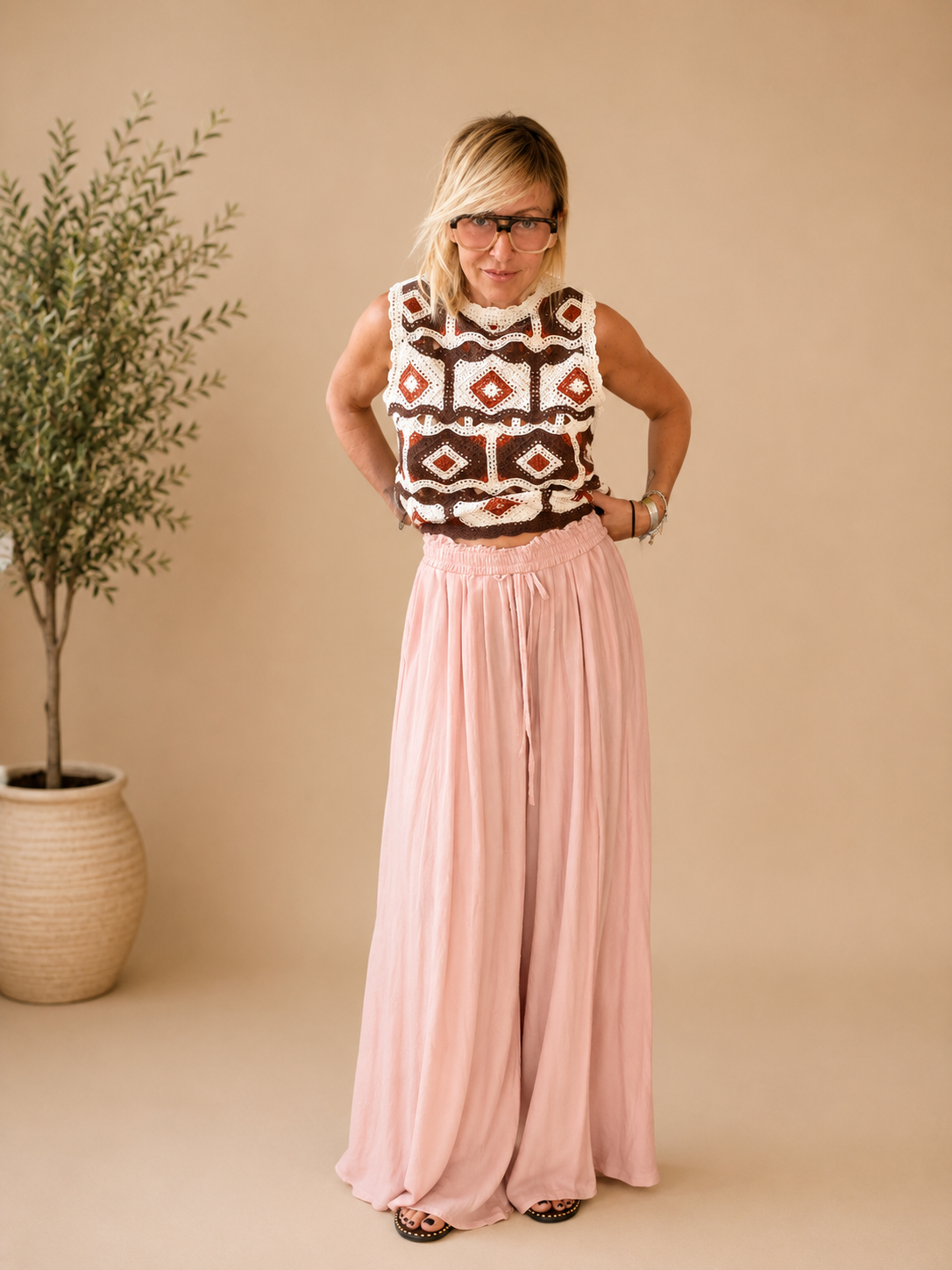 Pantalone Wide Leg Rosa Cipria Vita Smock Elastica