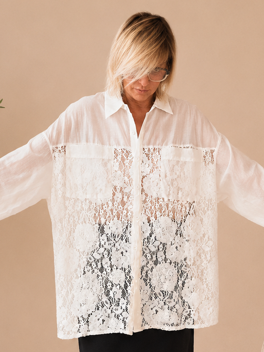 Camicia Oversize Organza Bordeaux Pizzo Paillettes Floreale