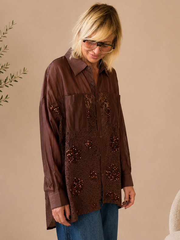 Camicia Oversize Organza Bordeaux Pizzo Paillettes Floreale