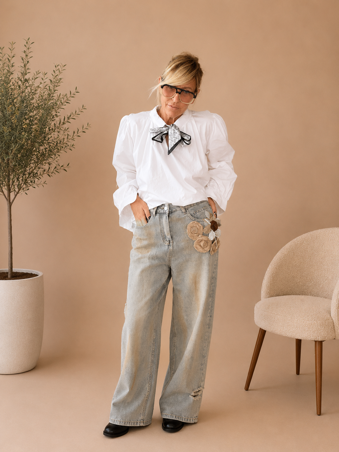 Jeans Wide Leg Denim Chiaro Rose 3D Applicate Fianco