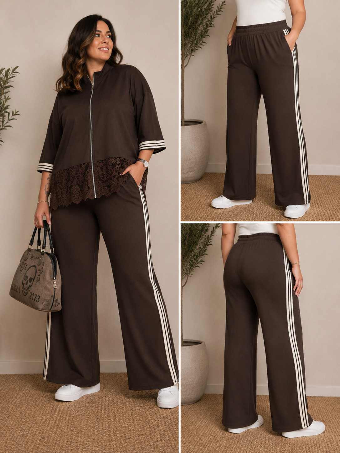 Pantalone wide leg punto milano marrone bande laterali bianche - vista frontale e retro con bomber coordinato e sneakers bianche