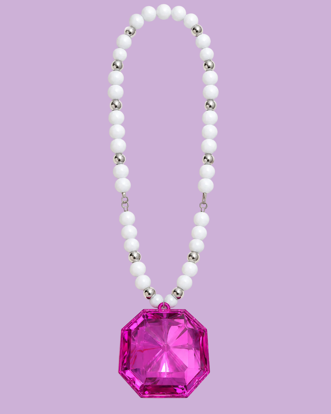 Collana Female con elementi bianchi, inserti color argento e maxi pendente ottagonale fucsia sfaccettato