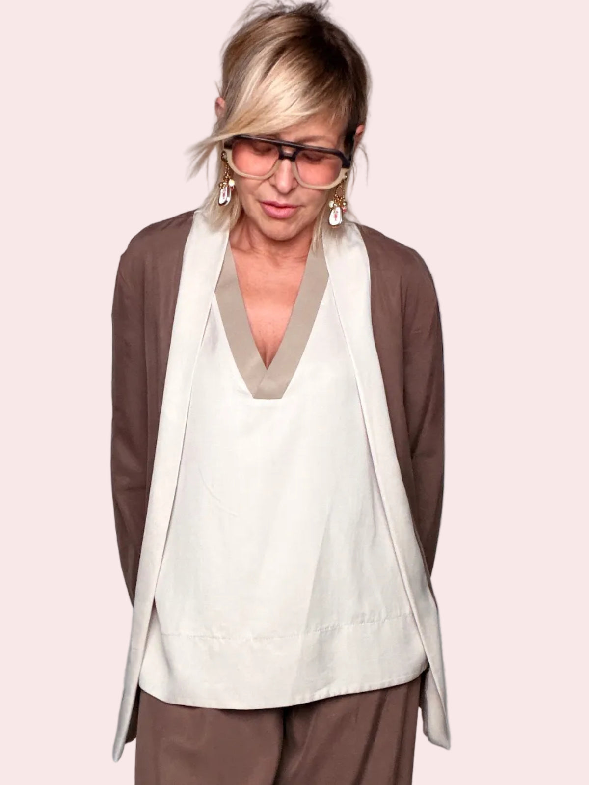 Kimono Cardigan Oversize Marrone con Revers e Laccetti Lunghi