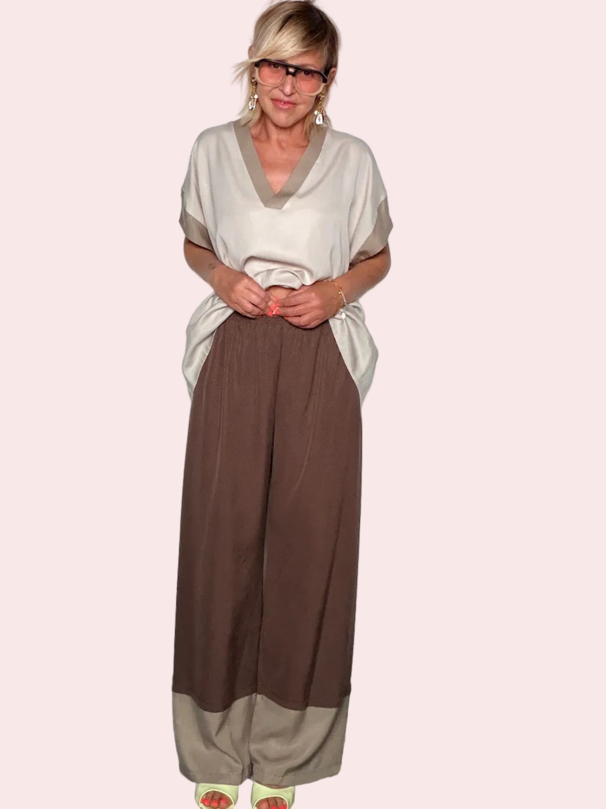 Pantalone Palazzo Wide Leg Bicolor con Fascia a Contrasto