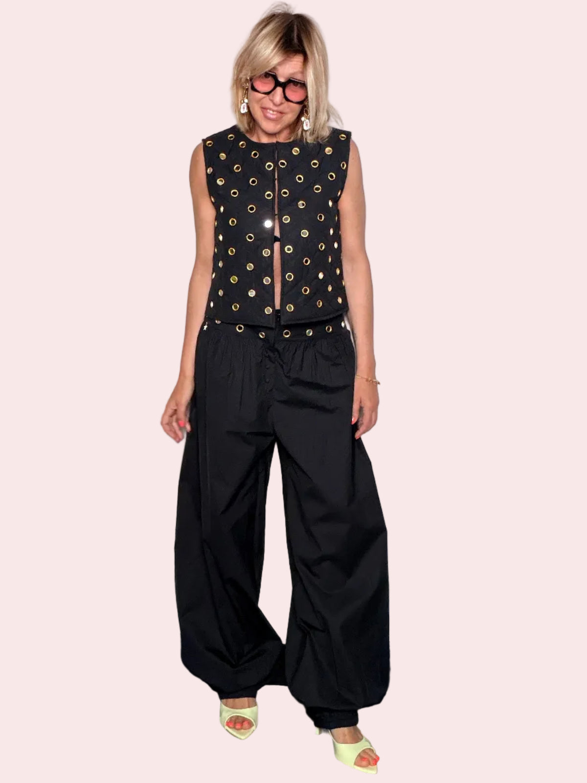 Pantalone Odalisca Nero Extra Wide Leg con Pieghe e Vita Arricciata