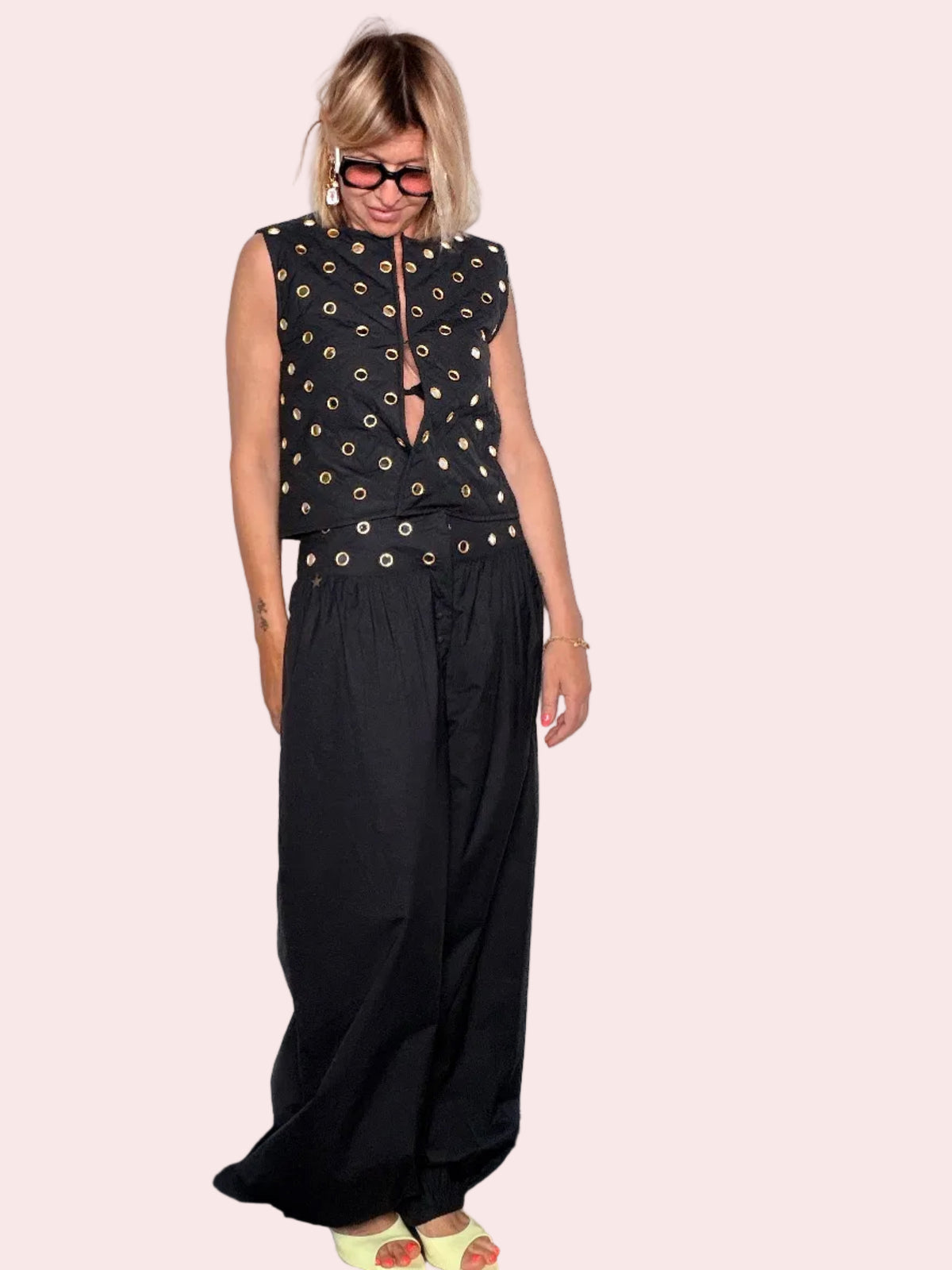 Pantalone Odalisca Nero Extra Wide Leg con Pieghe e Vita Arricciata