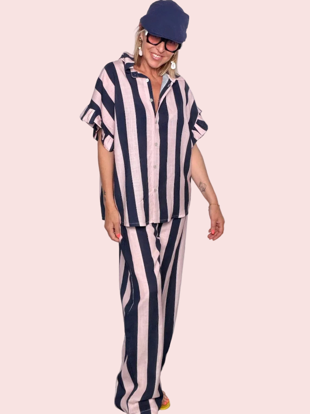 Coordinato a Righe Camicia e Pantalone Palazzo