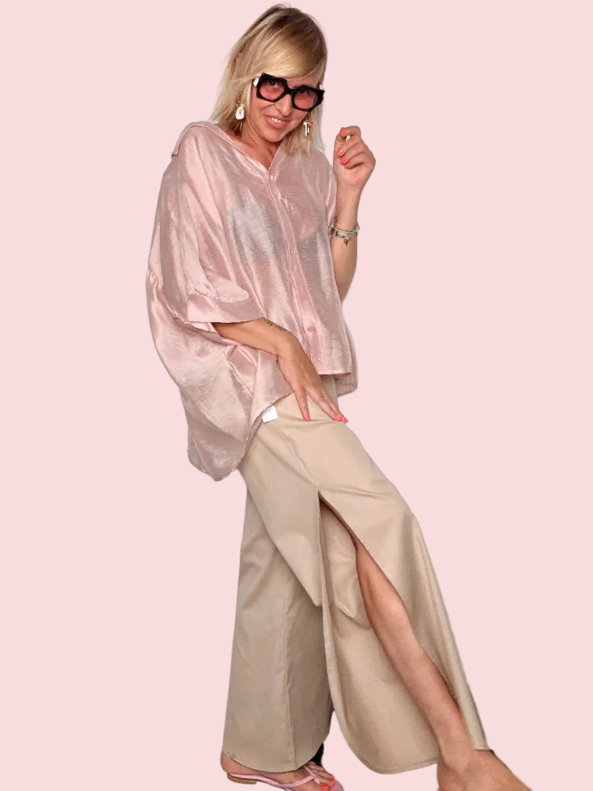 Pantalone Palazzo Drappeggiato con Shimmer