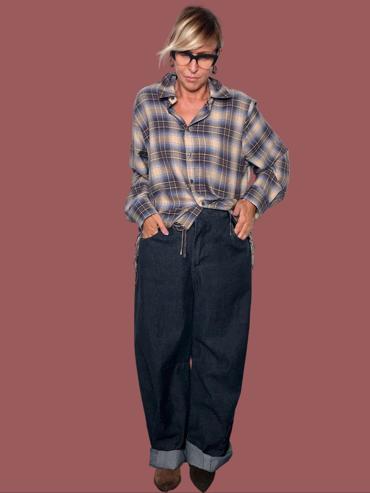 Jeans Nero Wide Leg con Fondo Risvoltato
