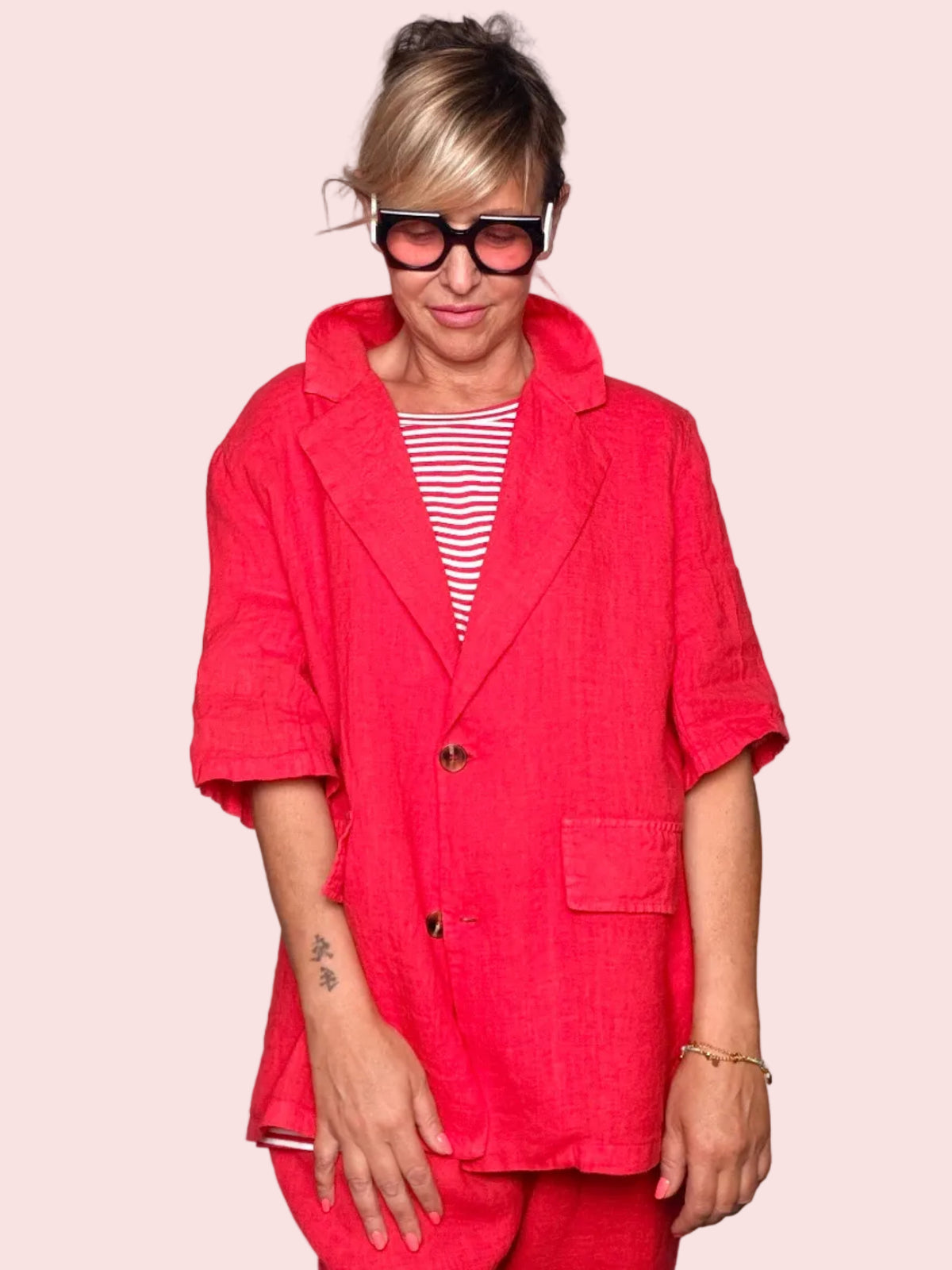 Giacca Blazer Lino Oversize — Rossa / Bianca