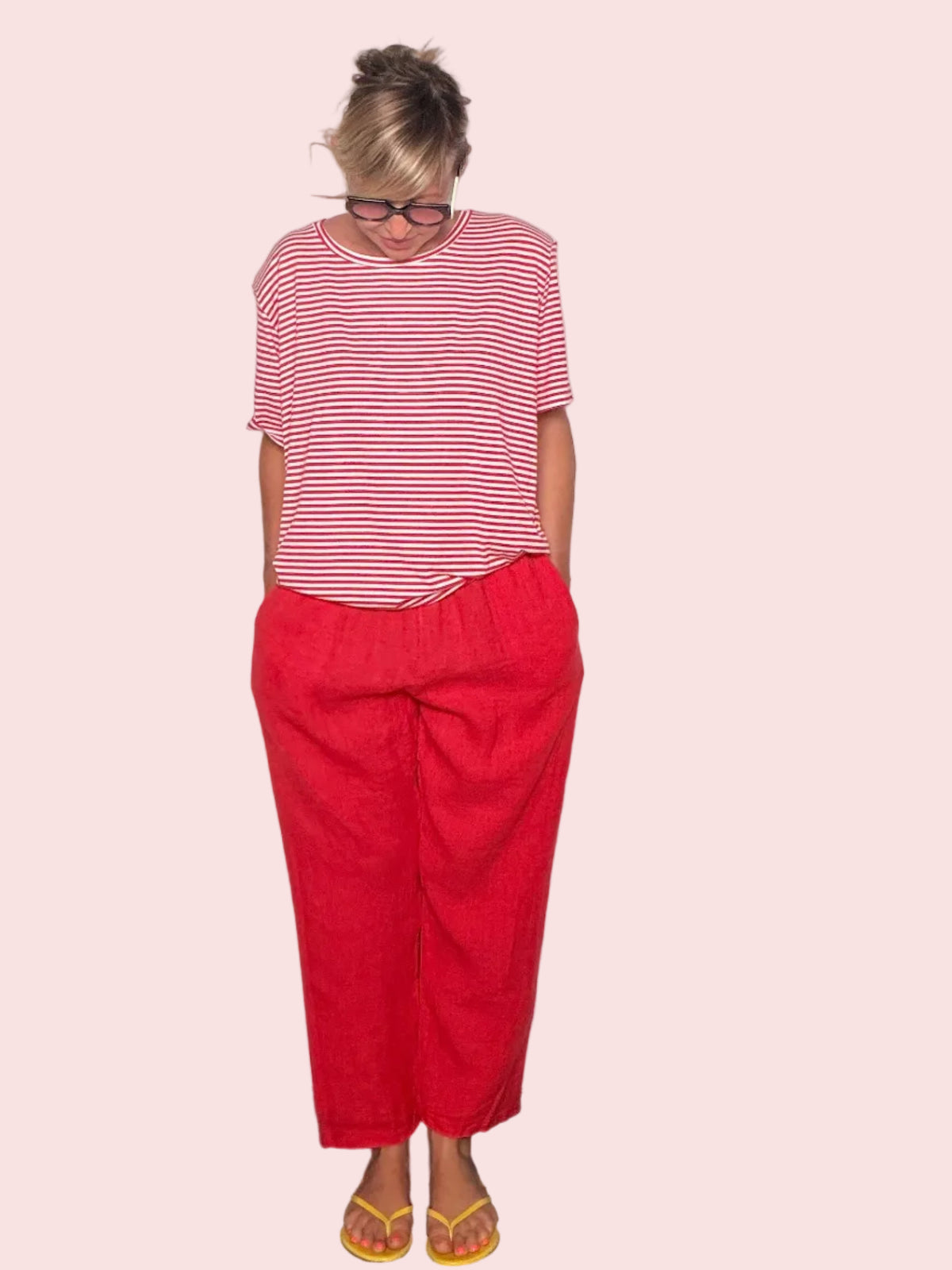 Pantalone Lino Elastico Vita — Rosso / Bianco