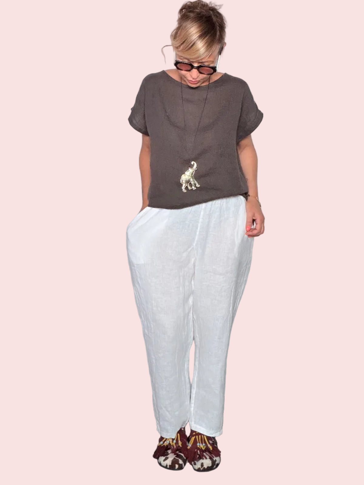 Pantalone Lino Elastico Vita — Rosso / Bianco