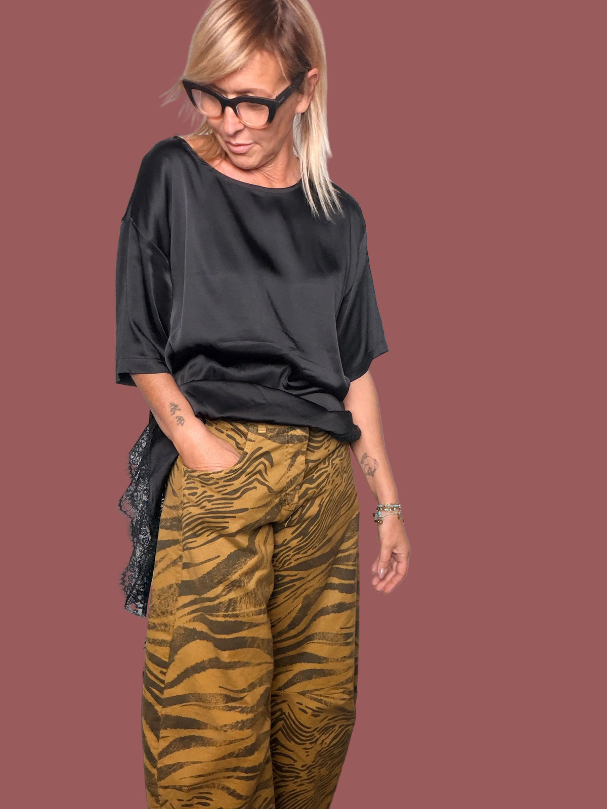 Pantalone Balloon Fit Animalier Tigrato in Cotone Stretch