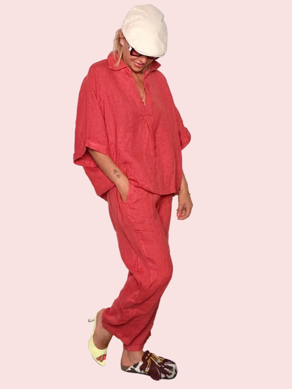 Completo Lino Top e Pantalone — Cioccolato / Rosso
