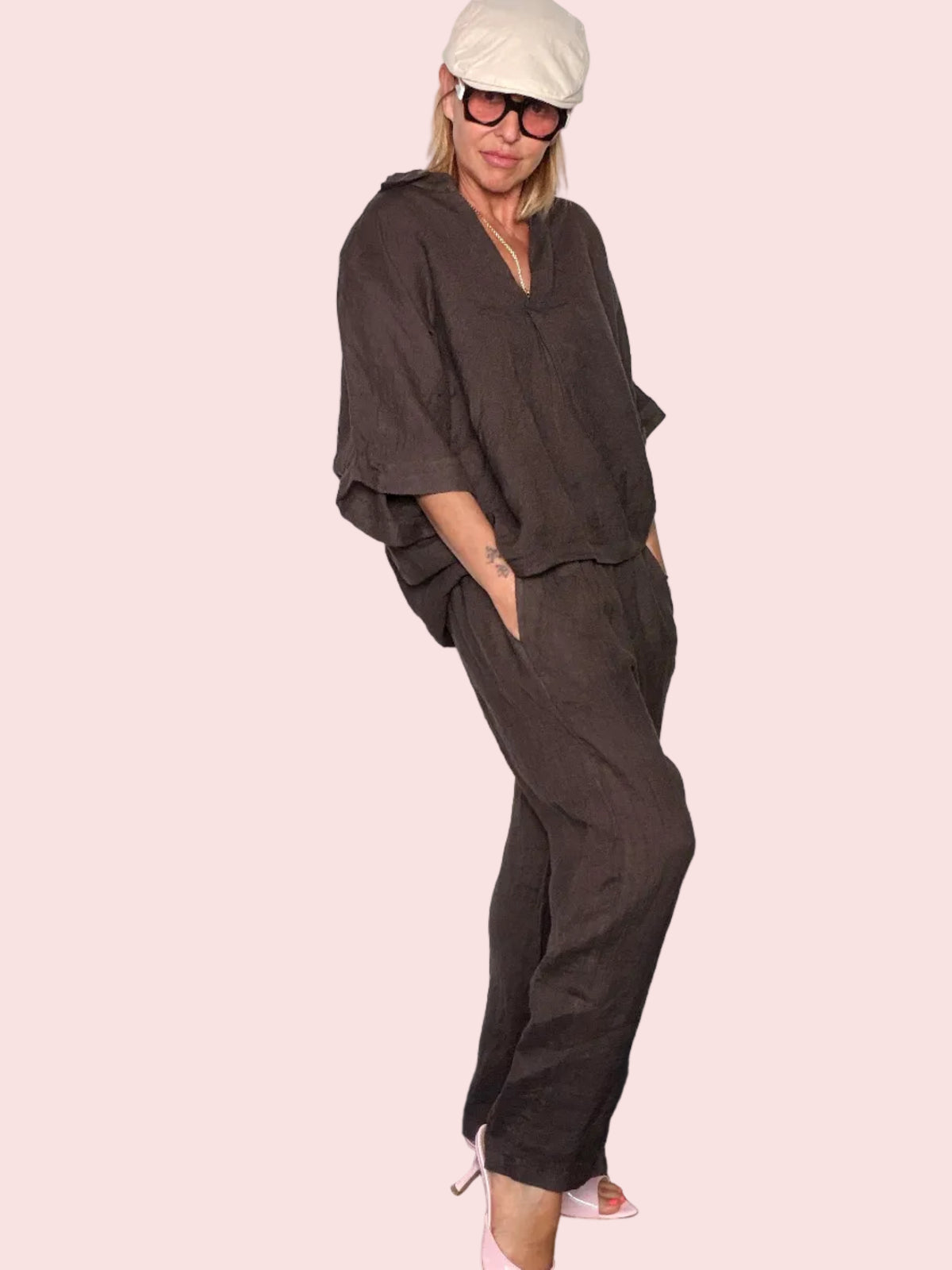 Completo Lino Top e Pantalone — Cioccolato / Rosso