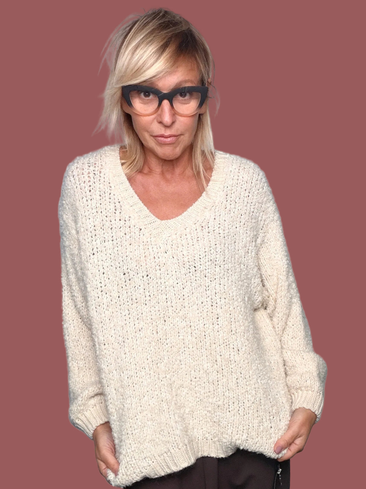 Maglione Oversize in Maglia Bouclé Scollo a V Panna Flo&Poi