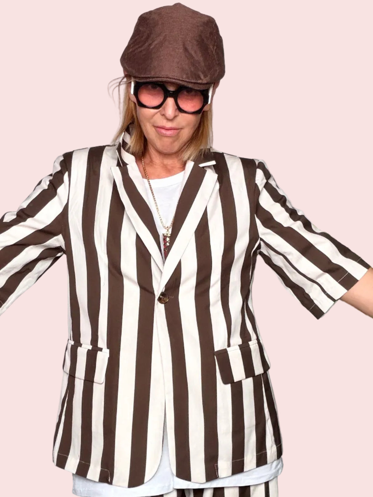 Giacca Blazer a Righe Maniche Corte — Cioccolato/Panna