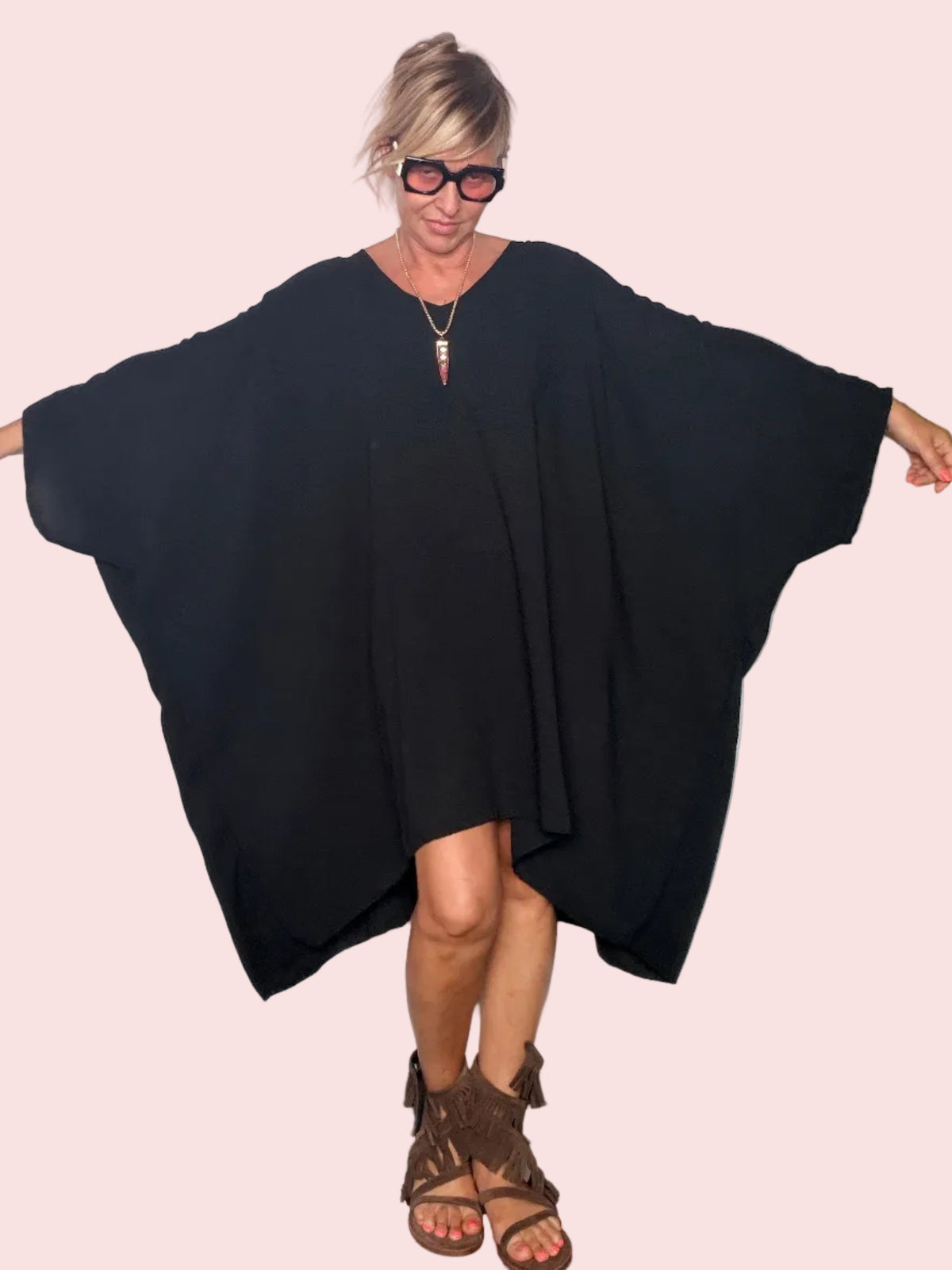 Abito Kaftan Oversize Maniche a Pipistrello — Corallo / Nero