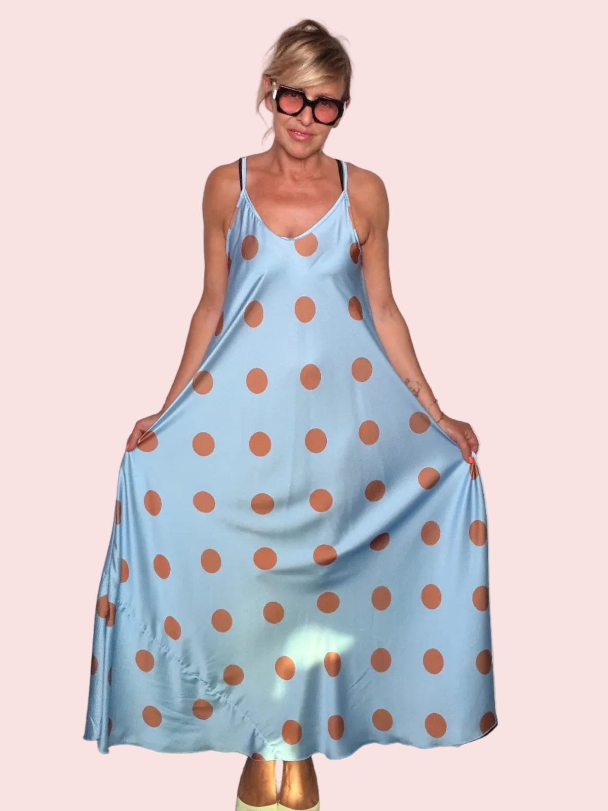 Abito Lungo in Raso a Pois | Azzurro e Terracotta