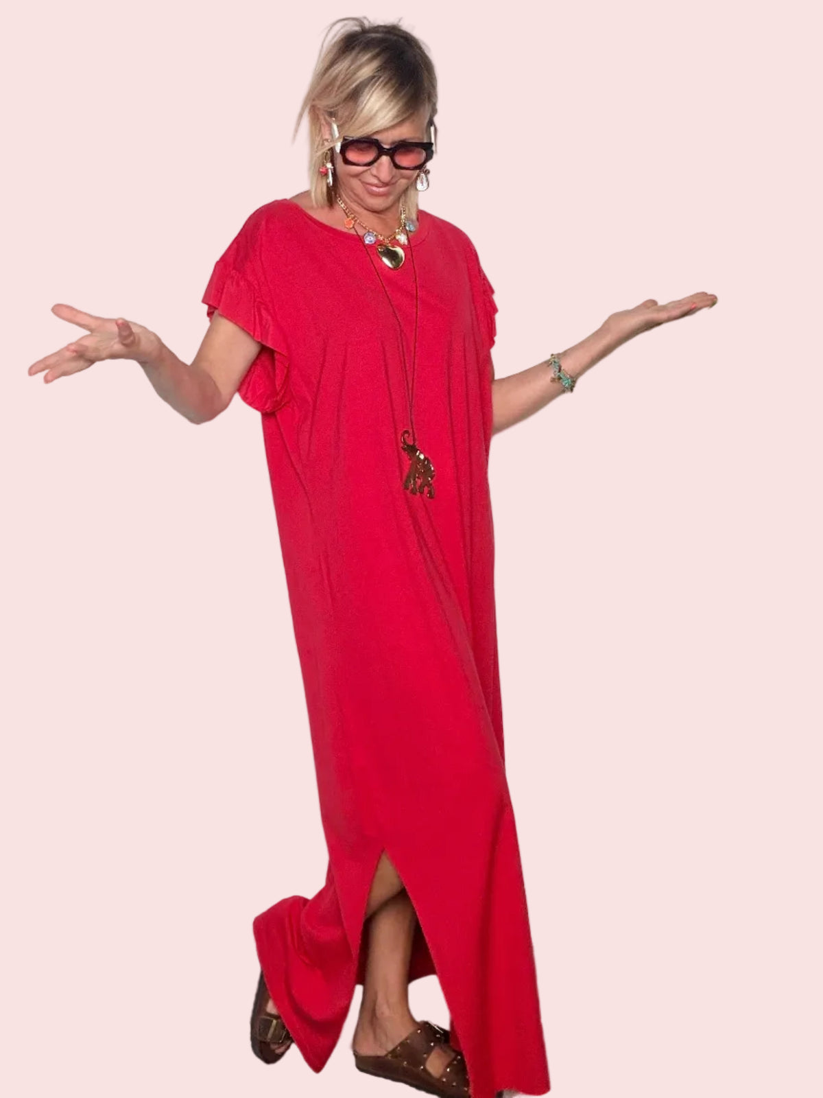 Abito Lungo Oversize Maniche a Volant — Rosso