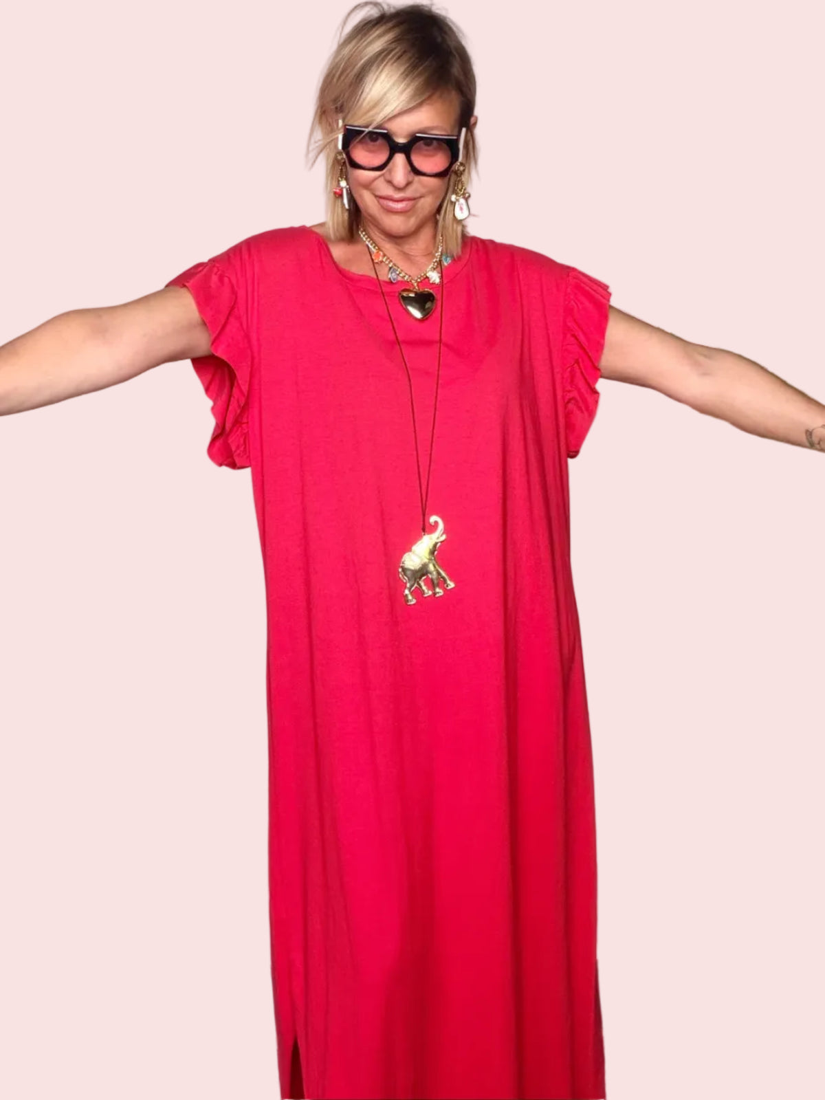 Abito Lungo Oversize Maniche a Volant — Rosso