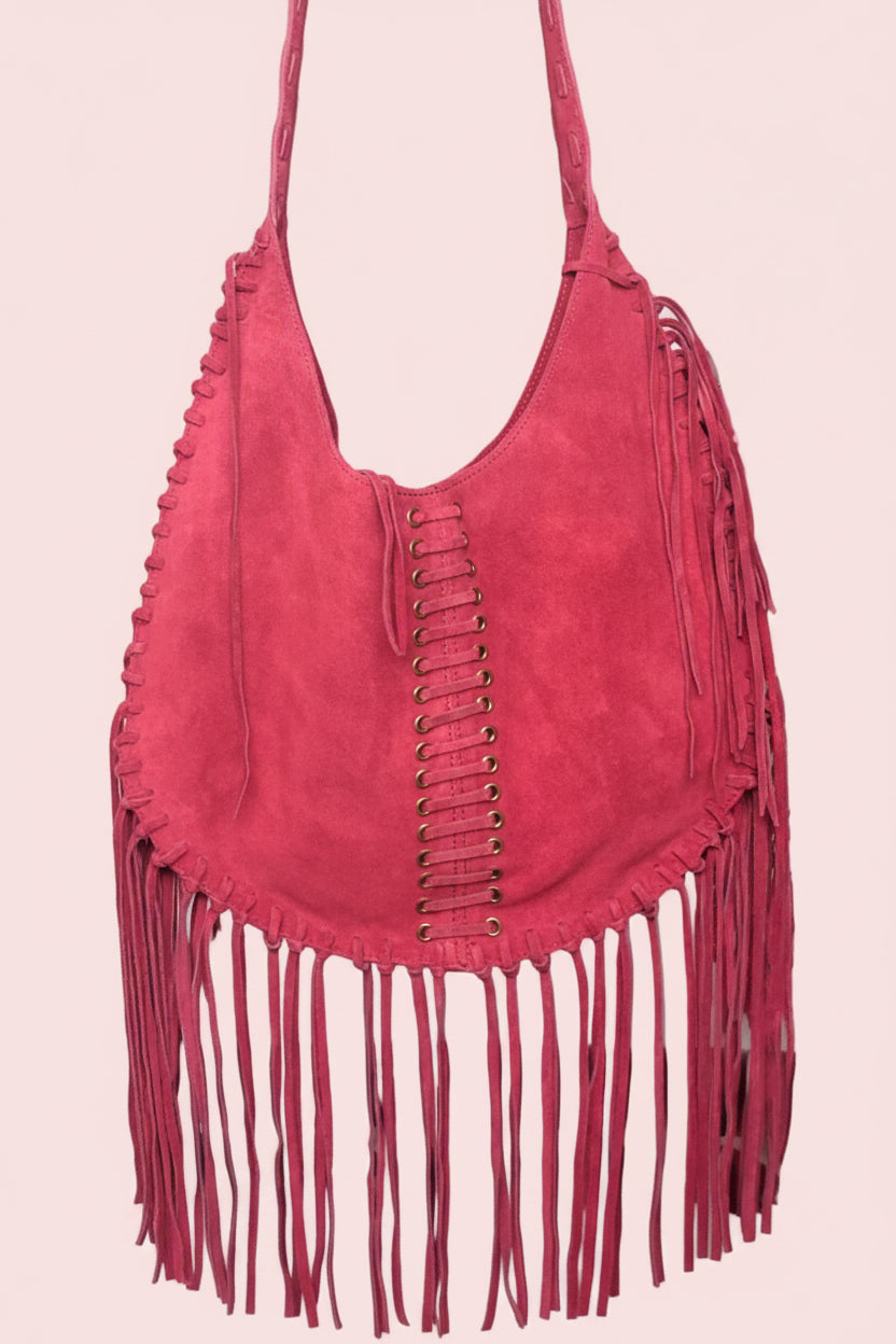 Borsa Hobo Scamosciata con Frange — Fucsia Boho