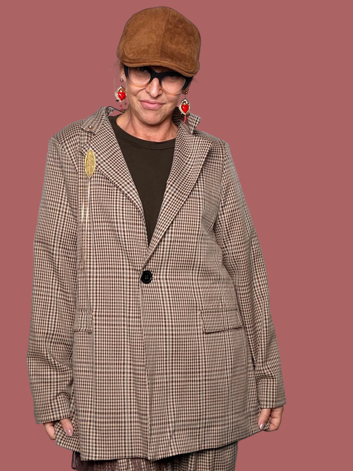 Giacca blazer a quadri beige e marrone