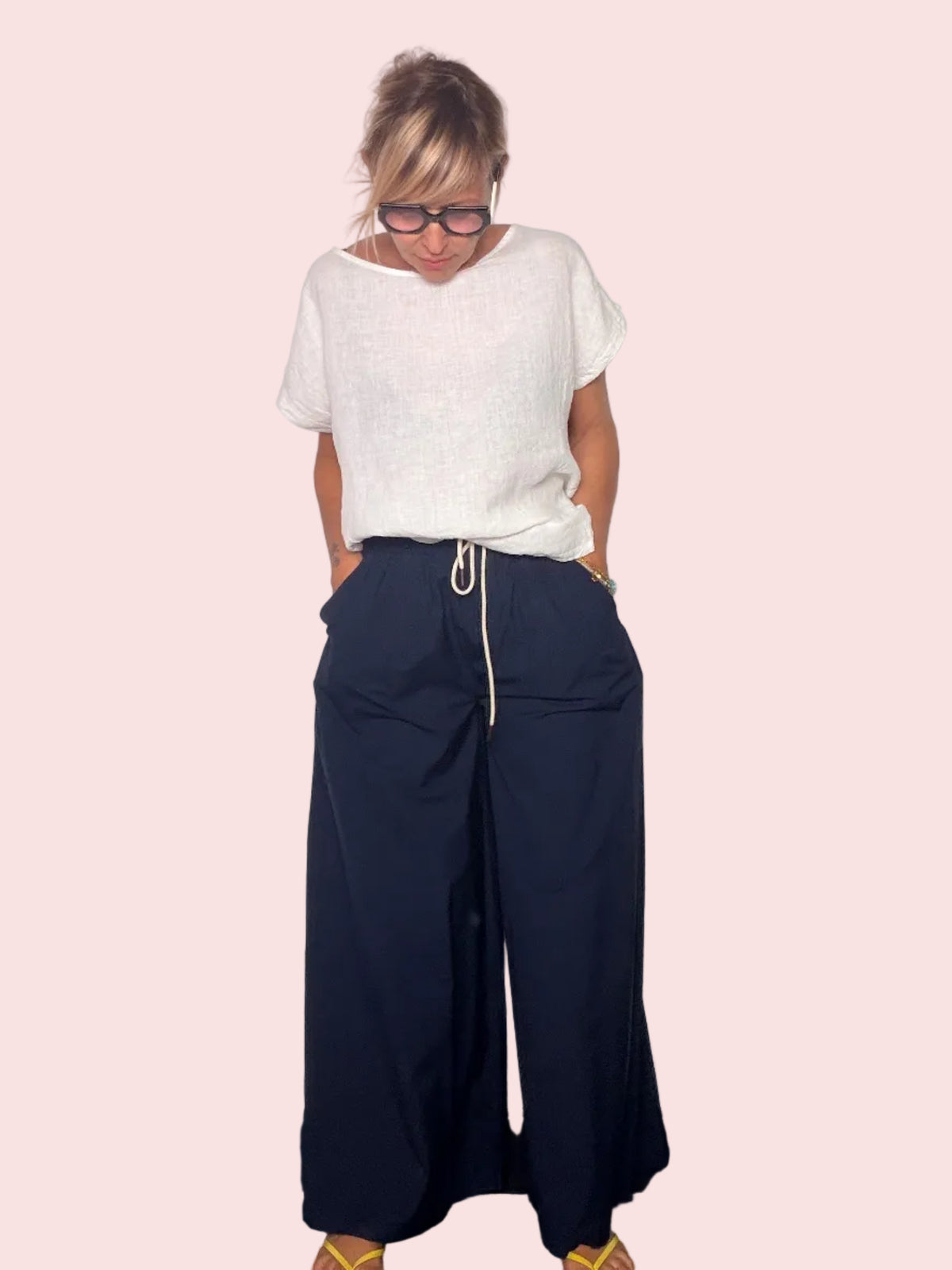 Pantalone Wide Leg Tela Paracadute con Coulisse — Navy / Bordeaux