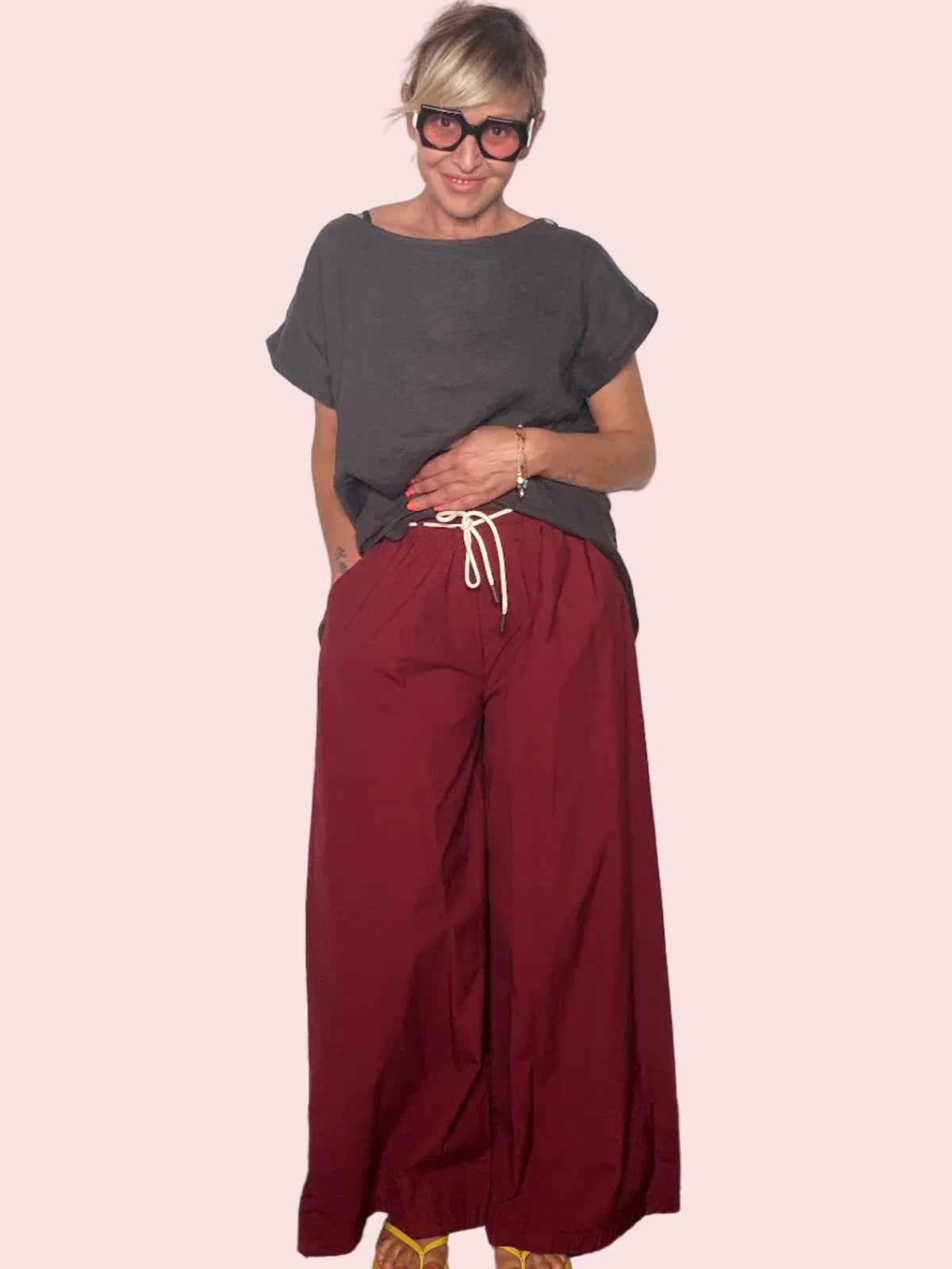 Pantalone Wide Leg Tela Paracadute con Coulisse — Navy / Bordeaux