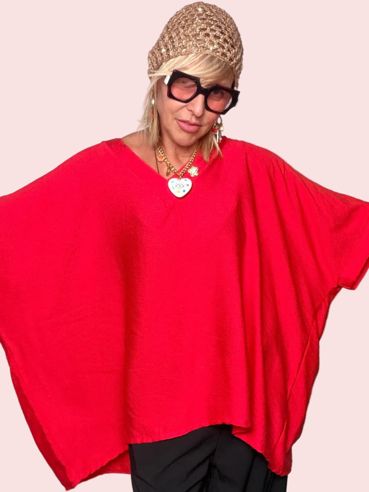 Maglia Oversize Pipistrello Scollo a V — Rosso
