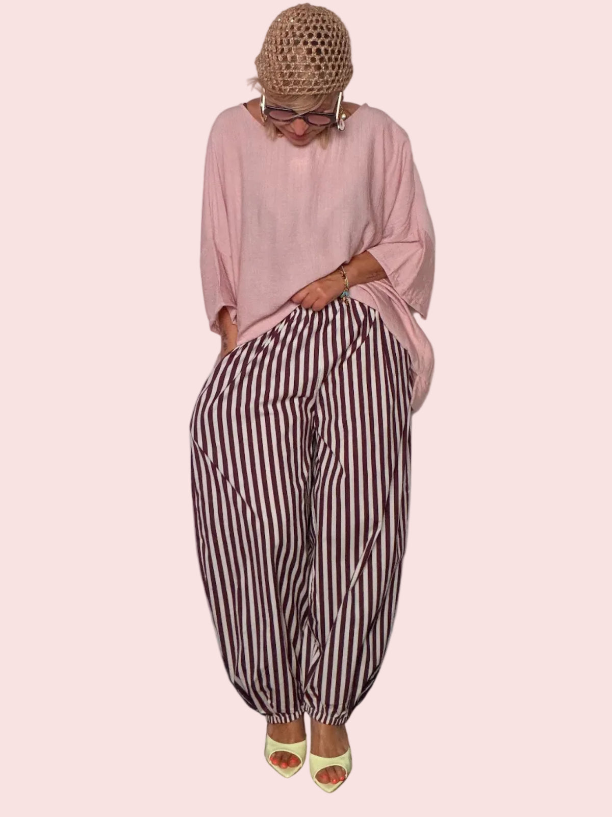 Pantalone Baggy a Righe Tela Paracadute — Bordeaux / Panna