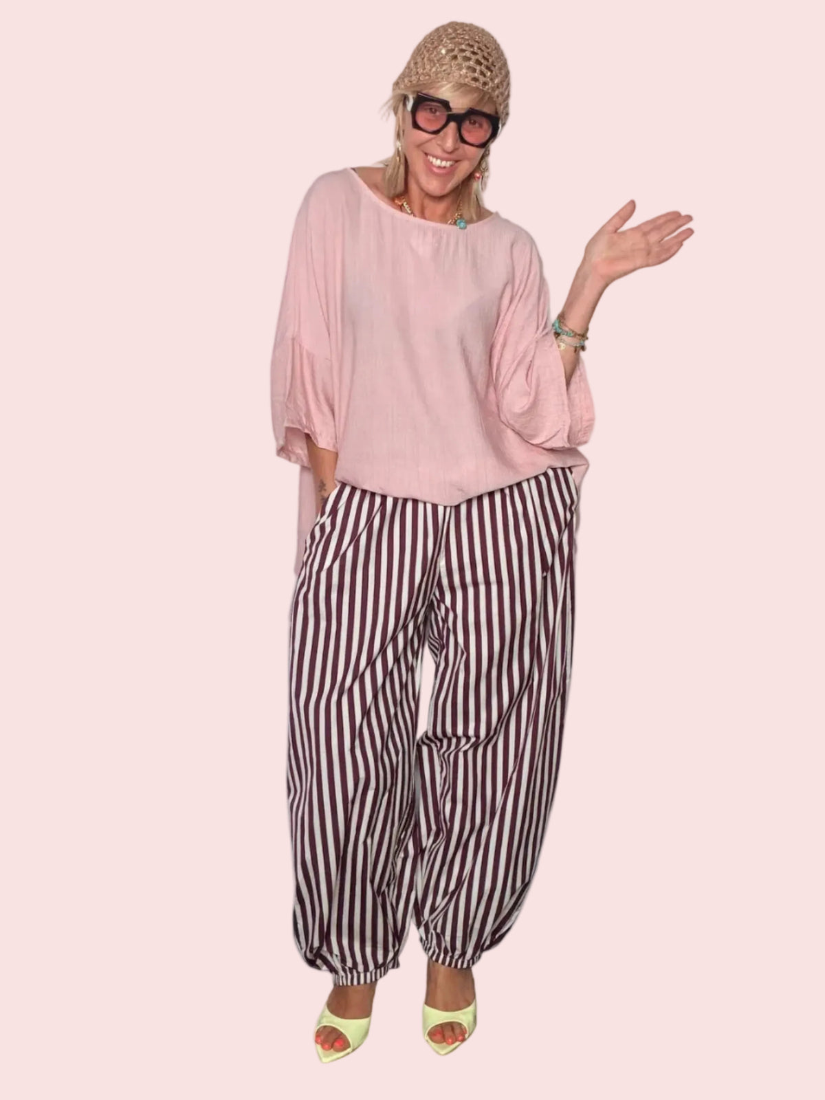 Pantalone Baggy a Righe Tela Paracadute — Bordeaux / Panna