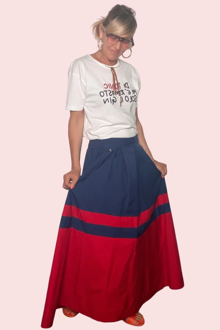 Gonna Midi a Ruota Bicolore — Navy / Rosso