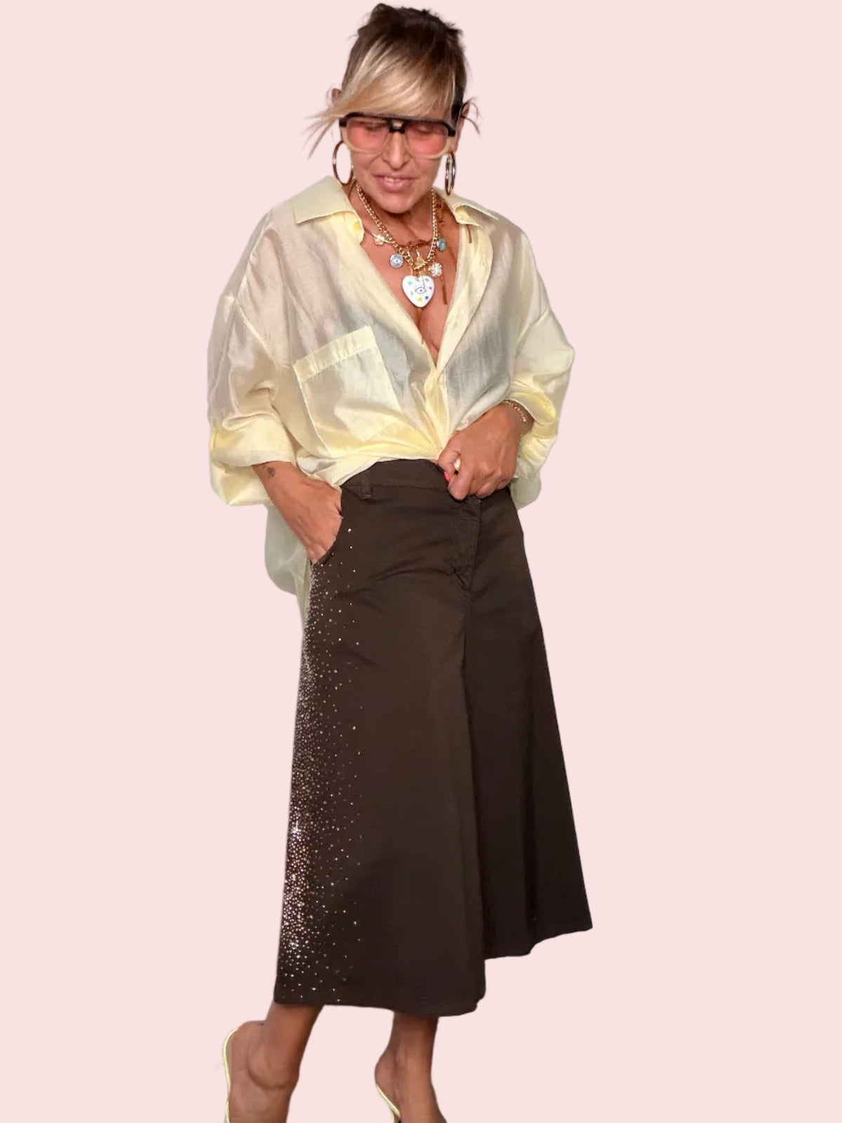 Bermuda Midi Strass con Spacchetto — Bianco / Cioccolato