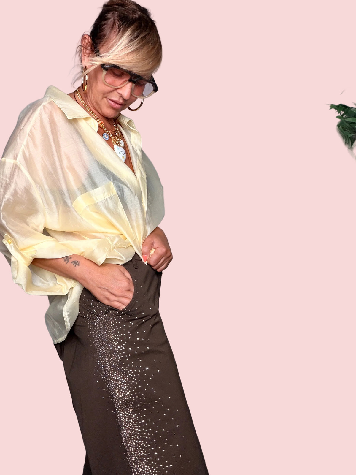 Bermuda Midi Strass con Spacchetto — Bianco / Cioccolato