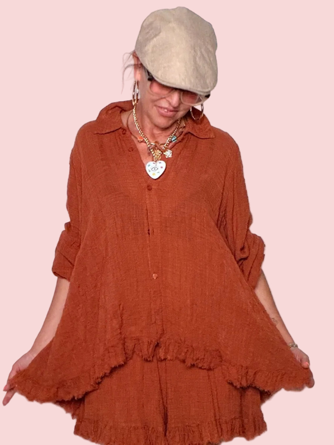 Camicia Oversize in Garza con Bordo Sfrangiato — Terracotta