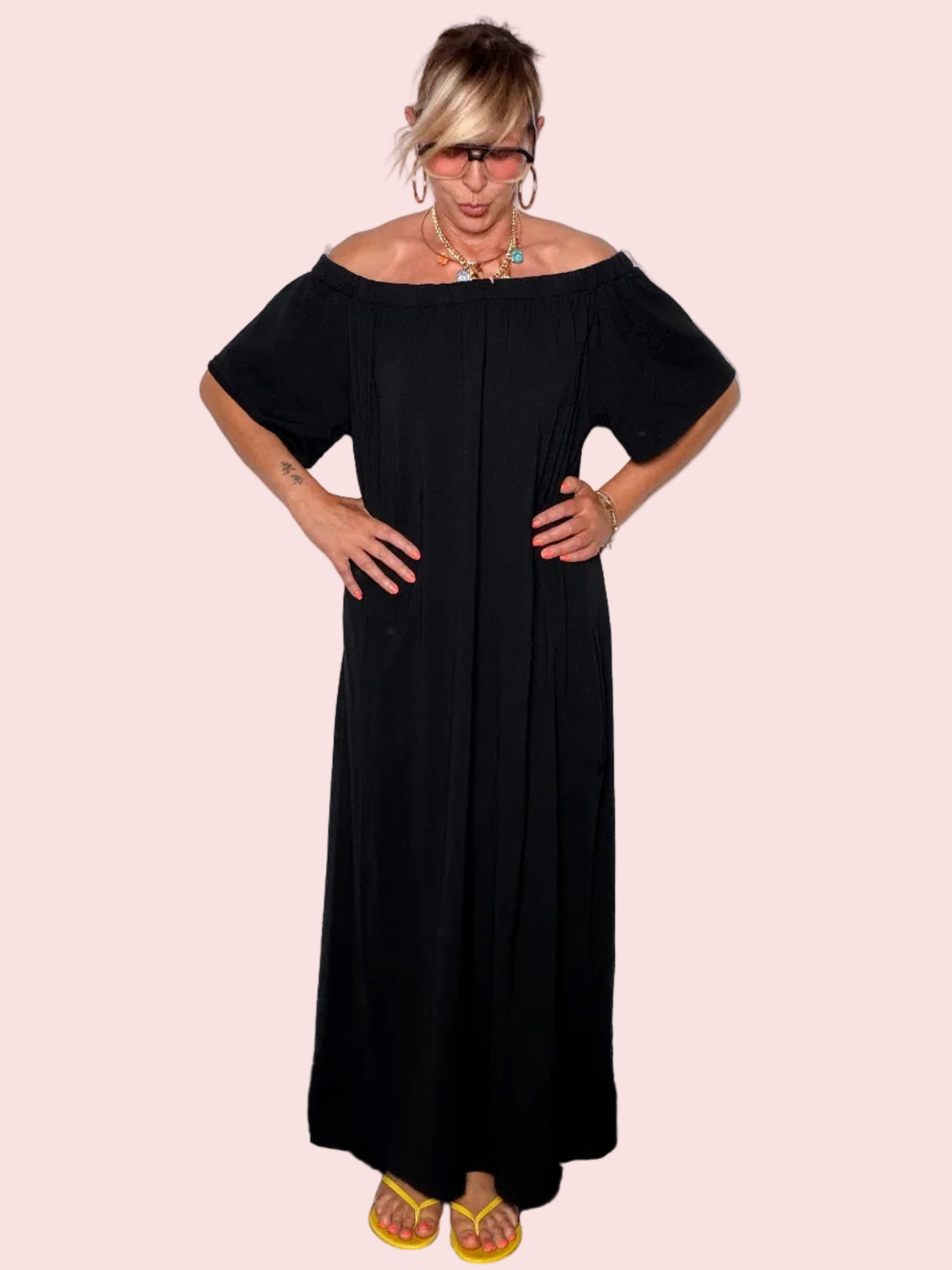 Abito Maxi Off-Shoulder Cotone Fluido — Nero / Bianco / Moro / Rosa / Bordeaux/