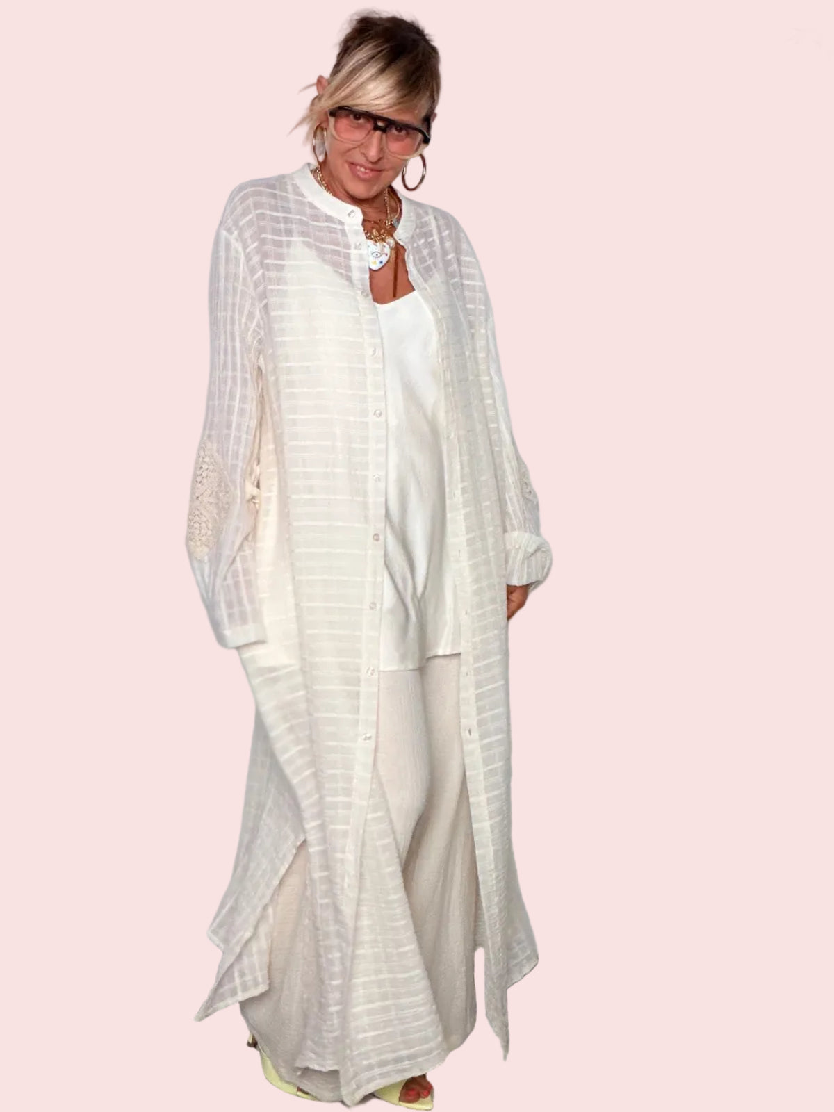 Chemisier Maxi in Tessuto Quadrettato con Inserto in Pizzo
