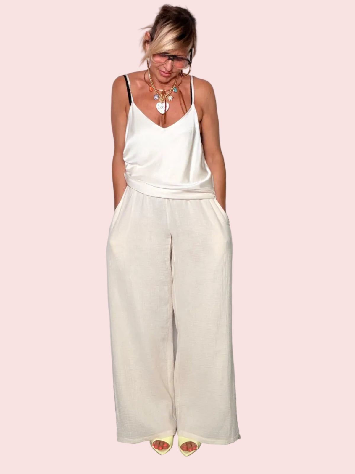 Pantalone Palazzo 100% Cotone — Panna