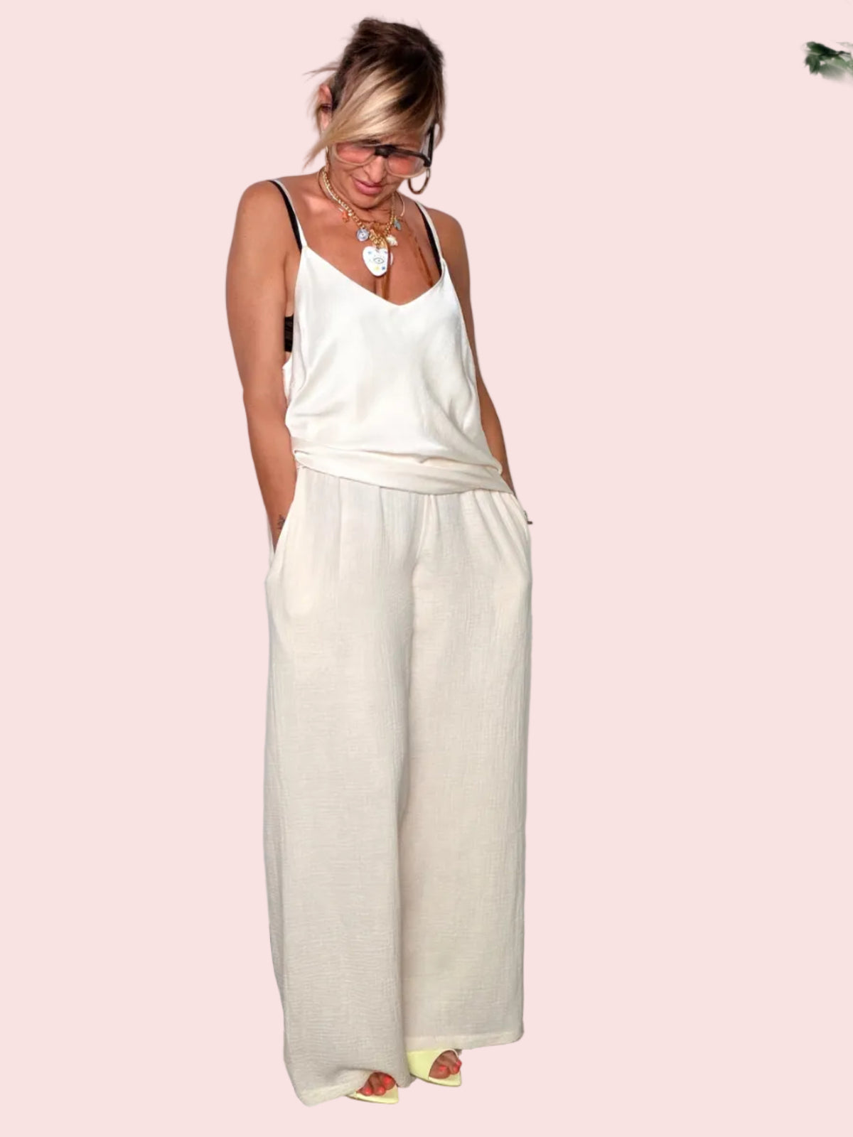 Pantalone Palazzo 100% Cotone — Panna