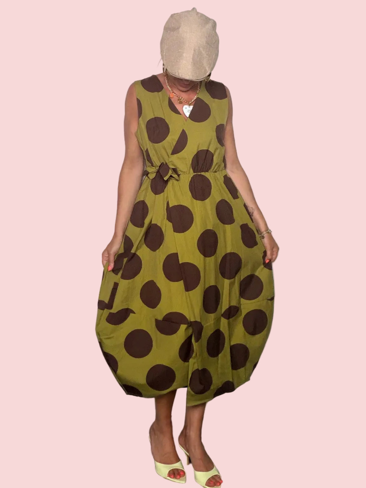 Abito Balloon in Cotone con Maxi Pois e Scollo a V Incrociato