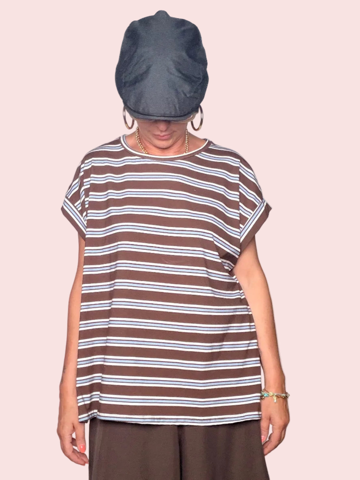 T-Shirt Oversize a Righe Maxi — Cioccolato / Bianco / Azzurro