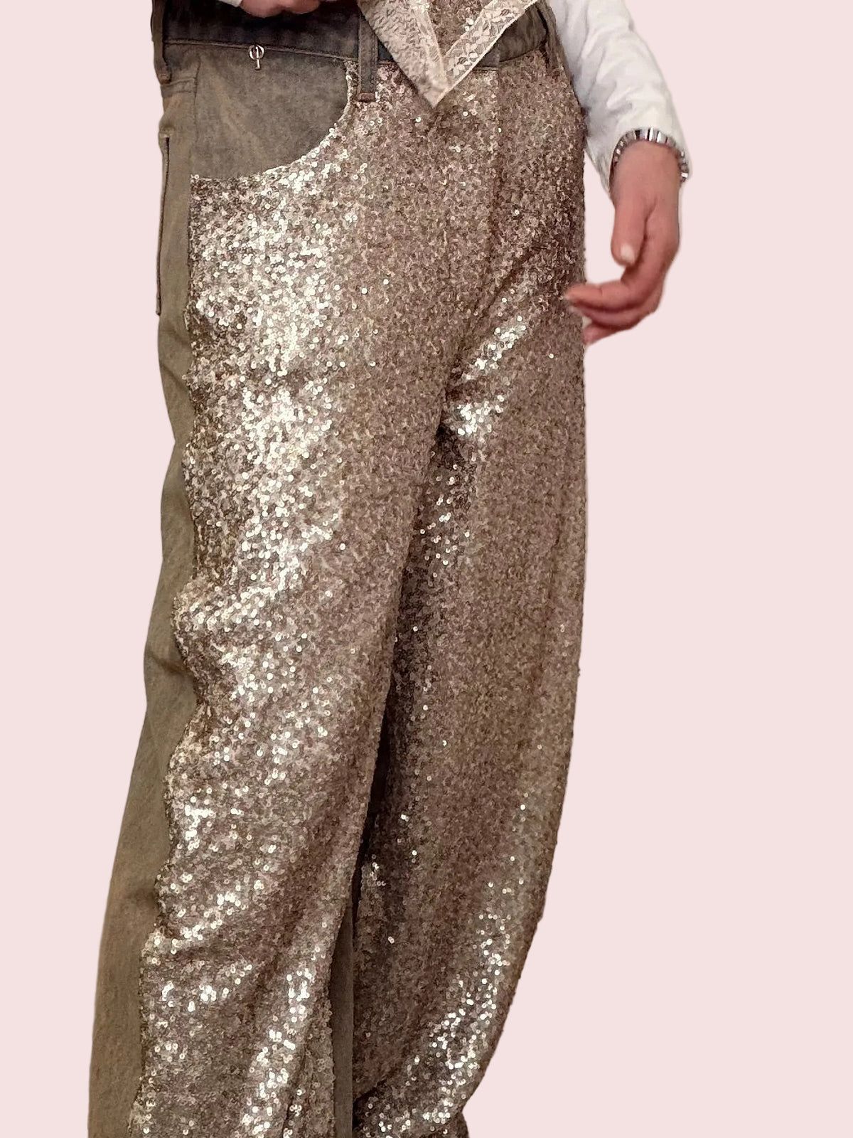 Pantaloni Palazzo Paillettes Oro e Denim Bicolore