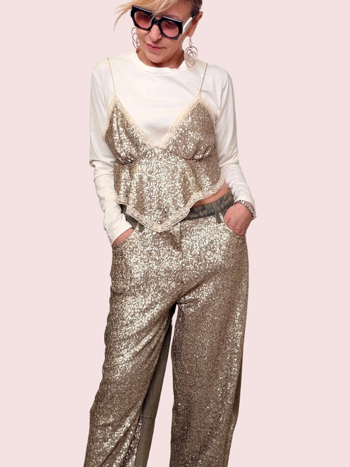 Pantaloni Palazzo Paillettes Oro e Denim Bicolore